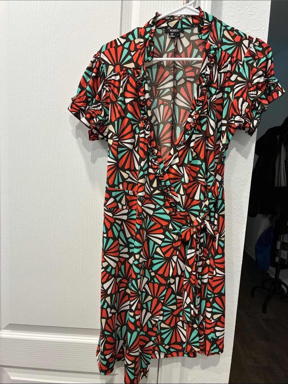 XOXO Orange, Teal & White Geometric Wrap Mini Dress